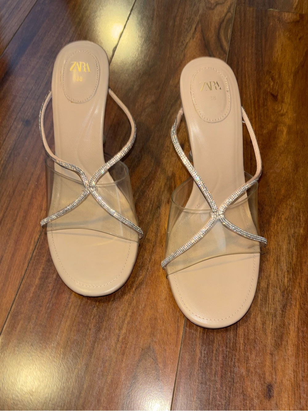 Zara Nude Clear Slide Sandals with Rhinestone Straps